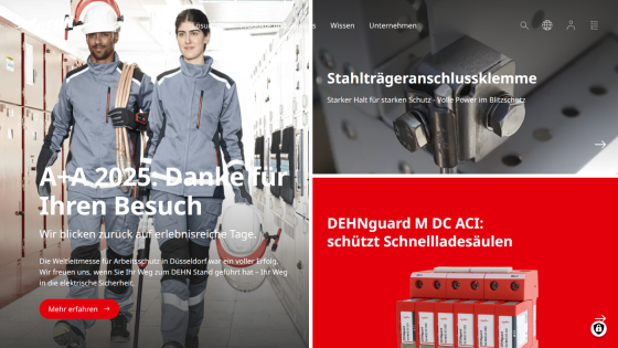 Website homepage showing workers in safety gear and product highlights for electrical safety and protection solutions.