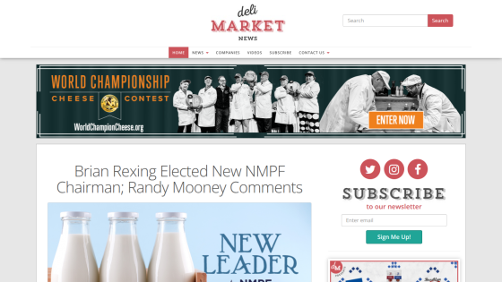 Deli Market News homepage with headline about Brian Rexing elected new NMPF Chairman, newsletter signup, and World Championship Cheese Contest banner.