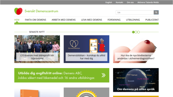Svenskt Demenscentrum homepage with news, online education, and multilingual dementia info