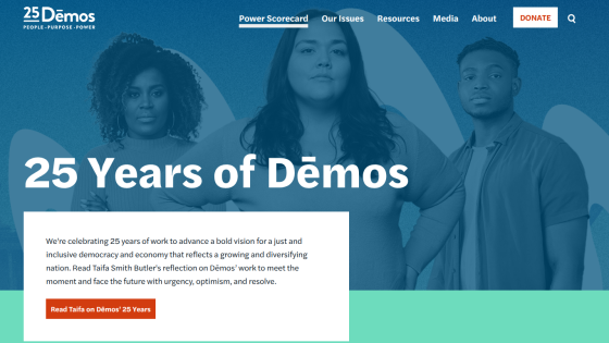 Celebrating 25 years of Dēmos with a focus on democracy and economy, featuring key visuals and a call to action.