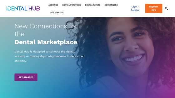 Dental Hub homepage with navigation, smiling woman, and text about connecting the dental marketplace