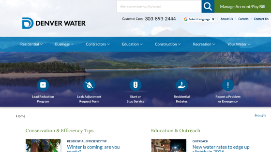 Denver Water homepage with navigation menu, customer care contact, and sections on conservation tips and education outreach