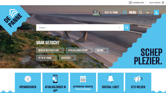 De Panne website with search bar, frequently searched links, and beach background promoting leisure and local info