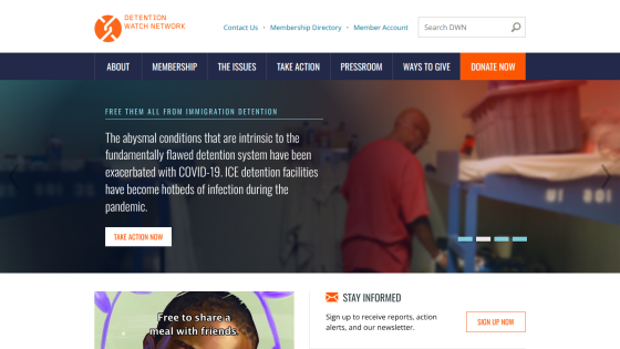 Detention Watch Network homepage with navigation, a call to action about immigration detention conditions, and newsletter signup.