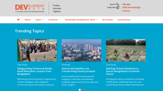 Development Asia website showing trending topics on safeguarding communal bonds, AI in poverty analysis, and climate resiliency in Bangladesh