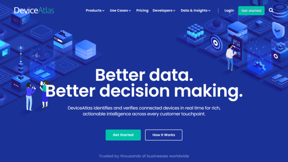 Homepage of DeviceAtlas with a tagline on data and decision making, featuring a call-to-action button.