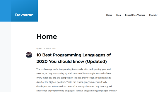 Article titled '10 Best Programming Languages of 2020 You should know (Updated)' on Devsaran blog with navigation links