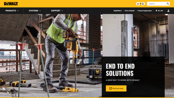 Construction worker using a DeWalt power tool in a building site with headline 'End to End Solutions' and a call to action button