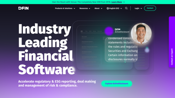 Homepage of financial software company DFIN highlighting industry leadership and risk management solutions