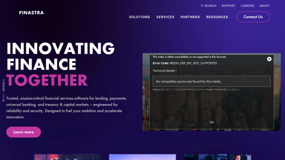 Finastra homepage with navigation and hero text about innovating finance together and financial services software