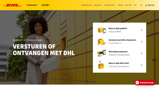 DHL homepage featuring a woman with a package and service options for shipping and receiving.