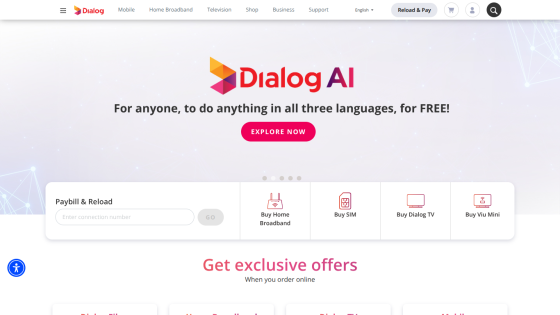 Homepage of Dialog AI featuring language services and a call to action to explore.