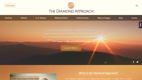 The Diamond Approach homepage with a sunset background and a quote about wisdom and human maturity, plus navigation links