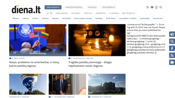 News articles with images and headlines on the homepage of diena.lt.
