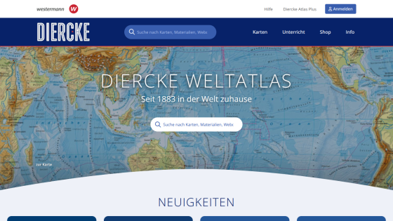 Diercke Weltatlas homepage with world map background, search bar, and navigation menu in German