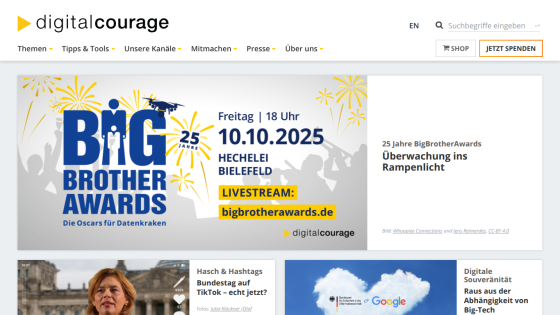 Homepage of Digital Courage featuring the Big Brother Awards event details.