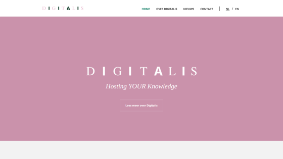 Digitalis website homepage with navigation and a hero section stating Hosting YOUR Knowledge and a button to learn more