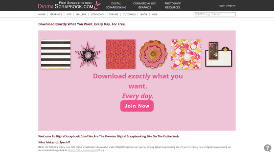 DigitalScrapbook.com homepage offering free daily digital scrapbooking downloads with join now button