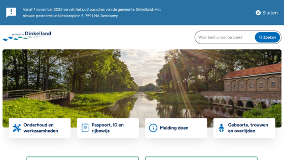 Dinkelland municipality website with search bar, announcement banner, and navigation for services like maintenance, ID, reporting, and life events