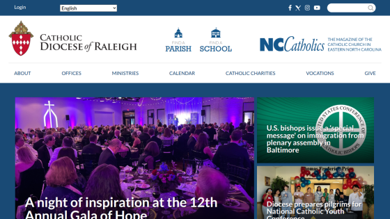 Catholic Diocese of Raleigh homepage with navigation links and news highlights including 12th Annual Gala of Hope and U.S. bishops' message on immigration
