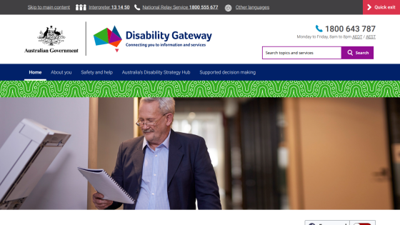 Disability Gateway website header with Australian Government logo, contact info, navigation menu, search bar, and warehouse worker hero image
