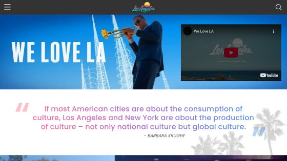 Header with 'WE LOVE LA' and a quote about cultural production in Los Angeles.