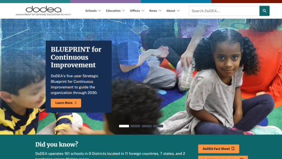 Website promoting educational initiatives with children engaged in activities and a call to action for a blueprint.