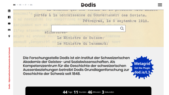 Dodis research institute overview in German describing its role in Swiss history research since 1848 with a Metagrid plugin promotion