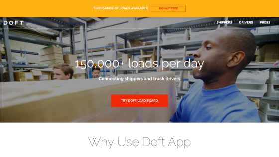 Doft app homepage showing 150,000+ loads per day connecting shippers and truck drivers with a call to action button
