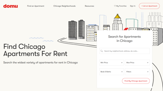 Apartment rental website homepage with search form for Chicago apartments including filters for price, beds, and baths