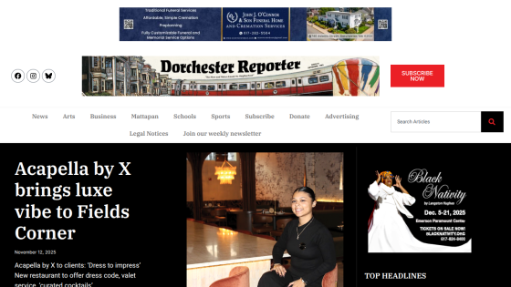 Dorchester Reporter homepage featuring headline about Acapella by X restaurant with image of a woman in a dining setting and ad for Black Nativity show