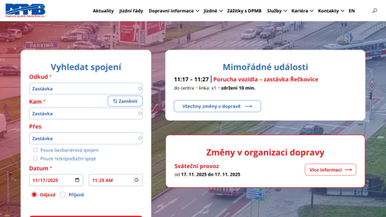 DPMB public transport site with connection search form, extraordinary events, and transport organization changes
