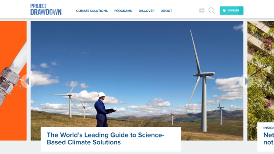 Homepage of Project Drawdown featuring wind turbines and a guide to climate solutions.