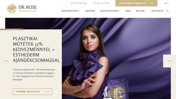 Dr. Rose private hospital homepage with 15% discount on plastic surgeries and Esthederm gift package offer