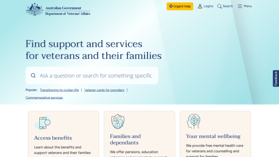 Homepage of the Australian Government Department of Veterans' Affairs, featuring support services for veterans.