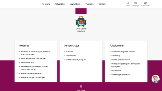 Data State Inspectorate website with navigation menu and sections on useful info, consultations, and services