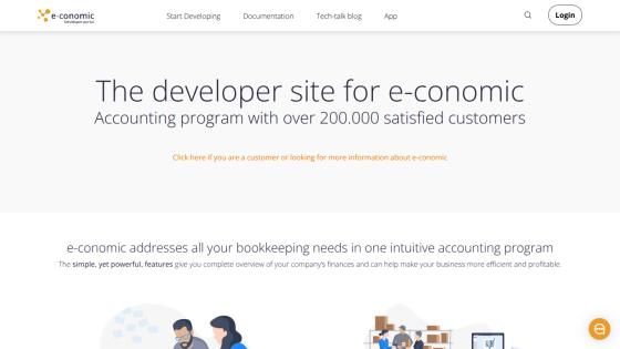 Developer site for e-conomic, showcasing accounting program benefits and customer satisfaction.