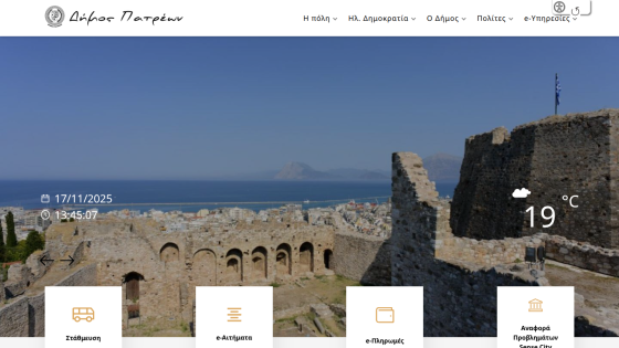 Municipality website with navigation menu, weather info, date and time, and service icons over a coastal fortress background