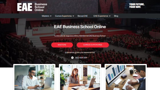 EAE Business School Online homepage with navigation, hero text, call-to-action buttons, and contact number