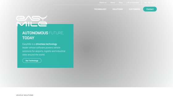EasyMile homepage highlighting autonomous driverless technology for vehicle solutions in airports, logistics, and industrial sites