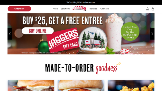 Jaggers restaurant homepage with promotion for free entree with $25 purchase and peppermint shake offer