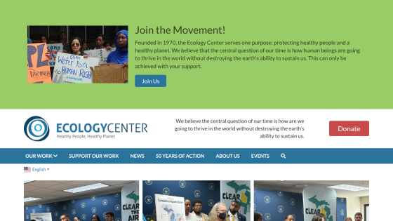 Ecology Center homepage with call to join the movement, mission statement, and navigation menu