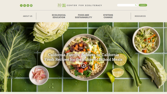 Center for Ecoliteracy website with navigation and a hero image promoting fresh recipes for school meals