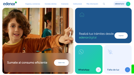 Edenor homepage with navigation, a child pointing, and options to manage services digitally and contact via WhatsApp.