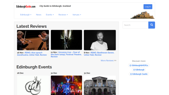 EdinburghGuide.com city guide with latest reviews and upcoming Edinburgh events including dates and images