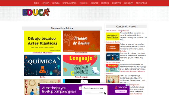 Educational website Educa with navigation menu and sections on technical drawing, Bolivian holidays, chemistry, language, Roman numerals, and algebra exercises