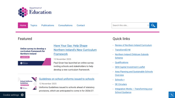 Department of Education homepage with featured news on curriculum framework survey and school uniform guidelines, plus quick links.