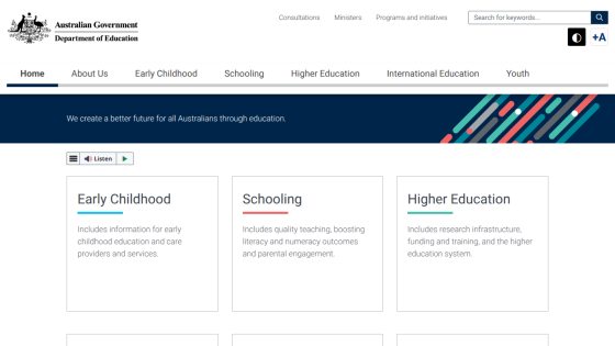 Australian Government Department of Education homepage featuring sections on Early Childhood, Schooling, and Higher Education.