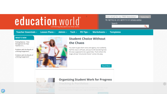 Education World homepage featuring articles on student choice and organization.