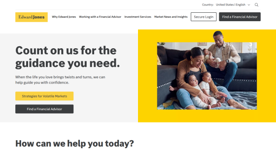 Homepage featuring a family with text about financial guidance and finding an advisor.